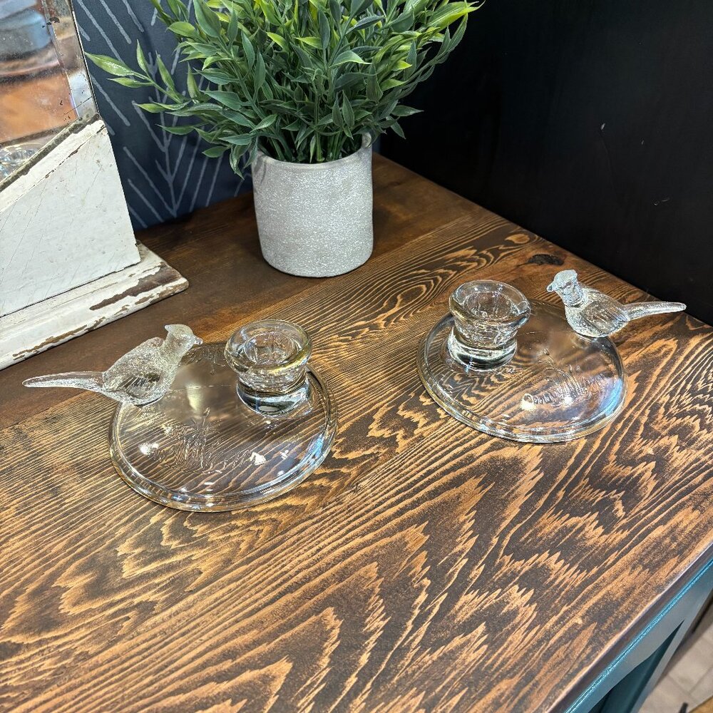 2 1930s Vintage Jeannette Glass Candlestick Holders with Pheasant Motifs